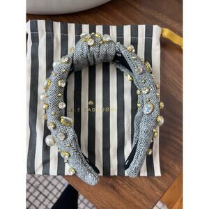 NEW Lele Sadoughi Crystal Tweed Pearl Logo Charm Knotted Headband Gray Size: O/S
